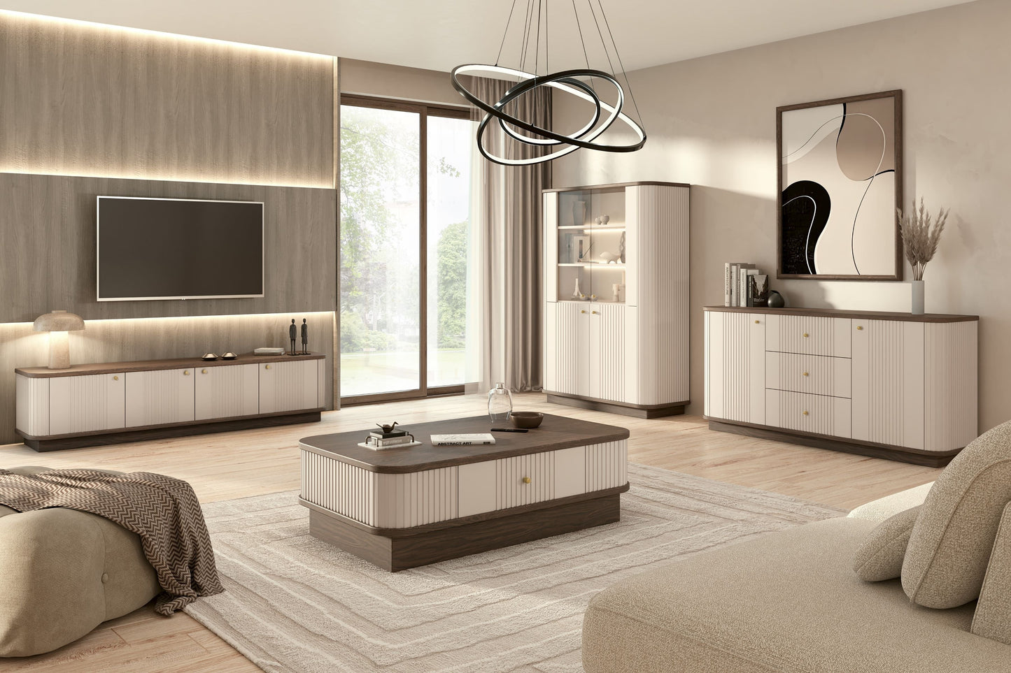 TV skapis Vespa 187/43/38 cm kašmirs/rieksts/zelts - N1 Home